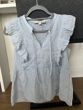 LOFT 100% Cotton Light Blue & White Striped Ruffle Sleeve Blouse (Size X-SMALL)